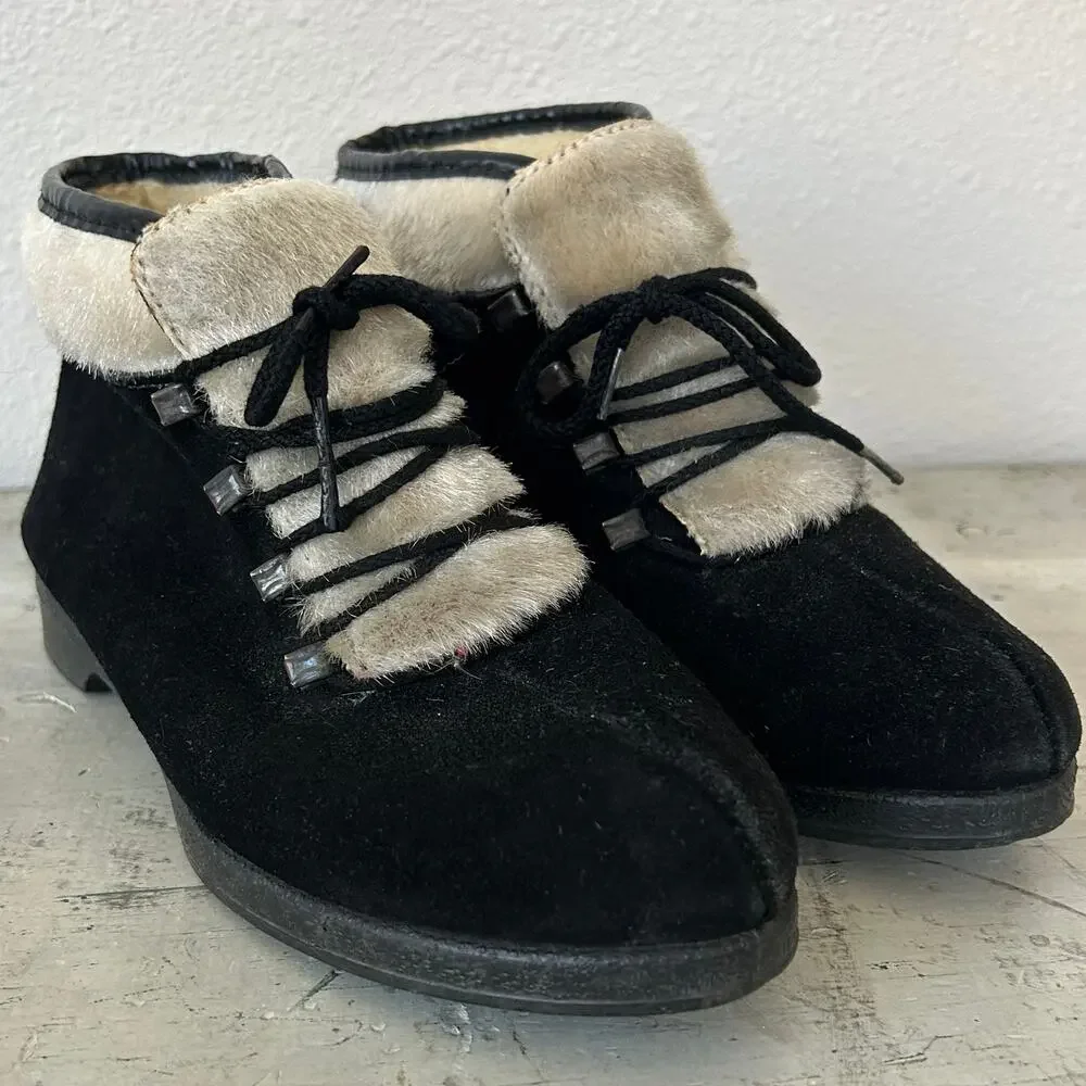 Vintage 70s Yodelers Aspen Black Suede Faux Fur Apres Ski Snow Ankle Boots 7